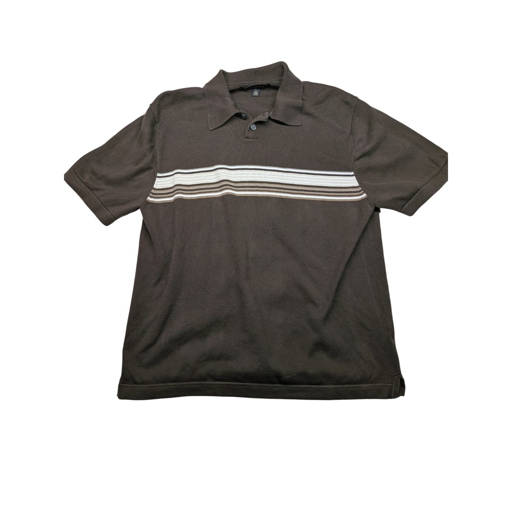 Vintage Structure Mens Brown Striped Knit Polo Shirt Short Sleeve Cotton Sz L